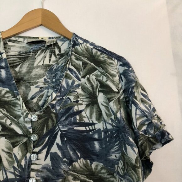 FASHION BUG Blue Green White Hawaiian Tropical Floral Short Sleeve Button Down - Picture 3 of 7